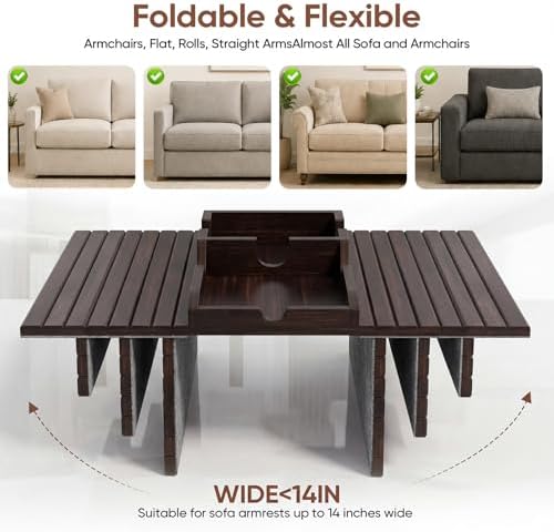 Bamboo Couch Arm Tray with Cup Holder, Sofa Armrest Table, Brown - Image 5