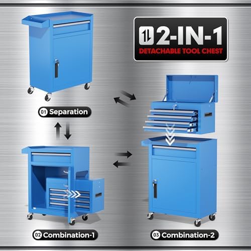 INTERGREAT Rolling Tool Chest, 5-Drawer Tool Box Organizer, Lockable Wheels & Sliding Drawers & Detachable Top, Tool Storage Cabinet for Garage Workshop (Blue) - Image 4