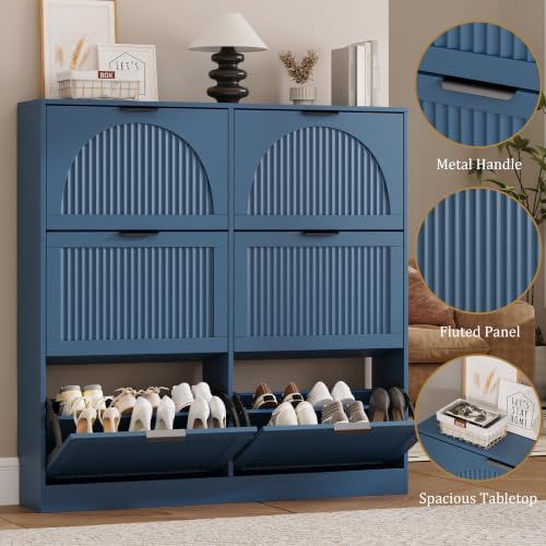 Fluted Shoe Storage Cabinet for Entryway, 6 Flip Drawers, Blue - Image 5