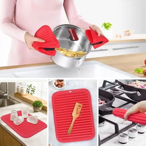 2 Pack Silicone Trivets - Heat Resistant Non-Slip Flexible Pot Holders for Hot Dishes & Pans - Red Silicone Trivet Mat Dish Drying Mat Spoon Rest, 9x12 in - Image 3