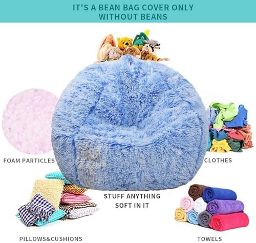 Fluffy Stuffed Animal Storage Bean Bag Chair Cover (No Filler), Faux Fur Comfy Bean Bag Cover for Organizing Plush Toys or Textile, for Adults Teens Kids Girls, Blue - Image 3