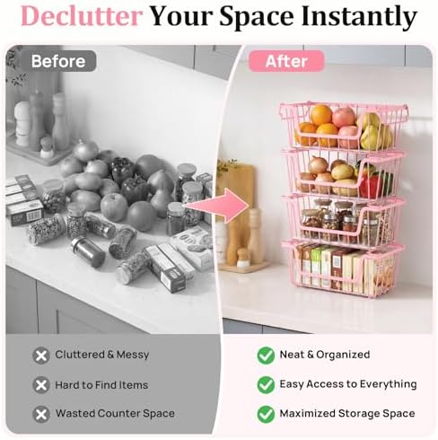 SUNALLY Stackable Storage Bins 4 Pcs Wire Baskets Freezer Organizer, Pink - Image 6