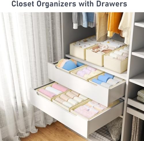 DIMJ Drawer Organizer Clothes - Underwear Organizer Small Sock Organizer Closet Organizers and Storage Box Dresser Drawer Dividers for Baby Clothes, Bra, Socks, Belt, Tie, Set of 9, Beige - Image 3