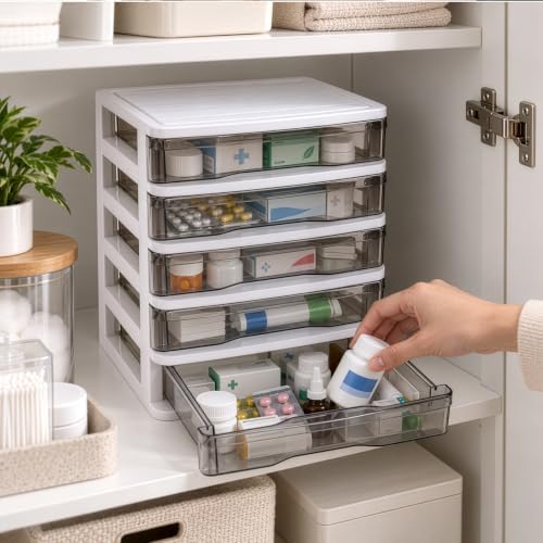 DEAYOU 5 Drawer Desktop Storage Bin Unit, Small Plastic Organizer, White Frame with Clear Drawer, Mini Container Case for Desk, Storing Craft, Accessory, Stationery - Image 7