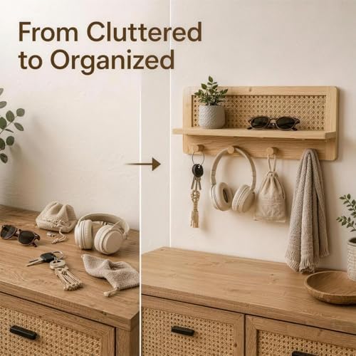 Rattan Wall Shelf with 4 Hooks, Entryway Key Holder & Coat Rack Wall Mount - Image 6