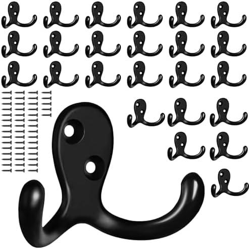 25 Pack Coat Hooks Wall Hooks for Hanging, Heavy Duty Double Prong Metal Hook Wall Mounted for Living Room, Bathroom, Kitchen, Bedroom for Coat, Bag, Scarf, Towel, Hat, Key, Cup (Black) by CBWLWJ