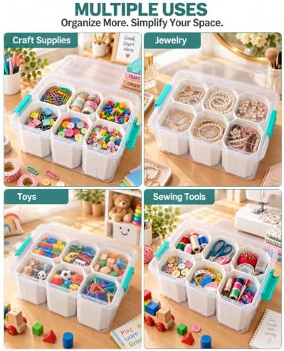 EOENVIVS Clear Storage Boxes with 6 Tall Inserts, Large Plastic Organizer Box with Lid and Handles, 15.94x11.61x7.28 Inches, Multi-Functional Container for Cosmetics, Toys, School Supplies - Image 6