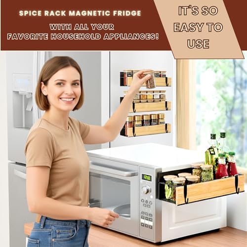 (4 Pack) Magnetic Spice Storage Rack Organizer for Refrigerator and Oven, Real Bamboo, 4 Strong Magnetic Shelf, Black Fridge Storage, Spice Rack Organizer, high quality metal - Image 5