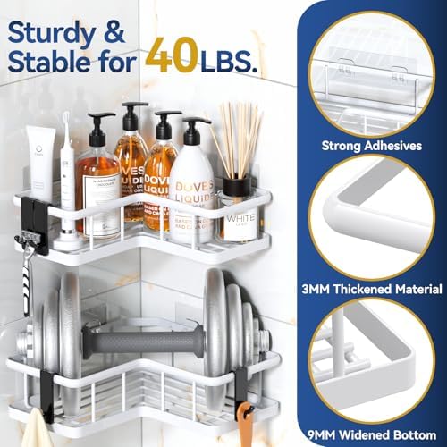 YASONIC Corner Shower Caddy Adhesive, 100% Rustproof Shower Organizer with Soap and Troothbrush Holder, No Drill Shower Shelf for Inside Shower, Wall-Mounted Shower Storage for Homes (5 Pack, White) - Image 3