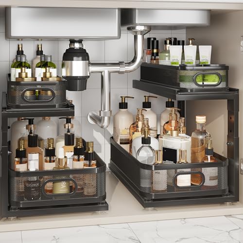 2 Pack 18.5IN-Depth Under Sink Organizer With Next-Gen Ball-Bearing Slides,2-Tier Precision Mesh Pull Out Cabinet Storage for Bathroom&Kitchen,Height Adjustable Drawers Shelf,Anti-rust-Black by Corbyles