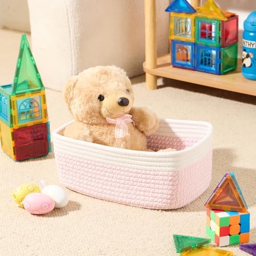 MiniArk Small Storage Baskets for Organizing | Closet Organizer Bins | Shelf Toy Basket | Woven Rope Baskets | Cube Decorative Box | Shallow Basket | 11.5x7.5x4.7” | 3 Packs White Pink - Image 4