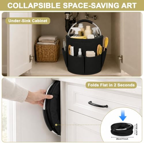 Premium Cleaning Caddy with Handle | Large Capacity Cleaning Supply Caddy with Deep Side Pockets | Collapsible Organizer Bag for Car Wash Supplies and Garden Tools (Black) - Image 3