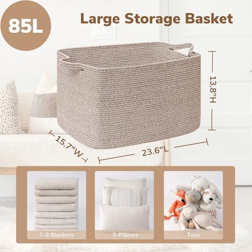 Goodpick 85L Large Woven Rope Blanket Basket, Rectangle, Brown - Image 3