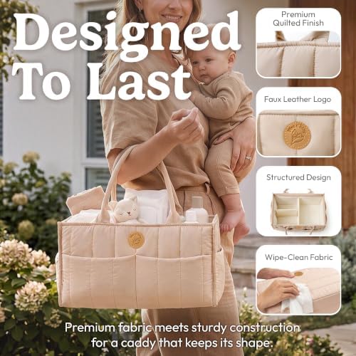 Baby Diaper Caddy Organizer - Portable Diaper Caddy with Handles & Removable Dividers - Large & Quilted Nursery Storage Basket for Girls - Changing Table Bag for Car - Gift for Baby Shower - Pink Sand - Image 4