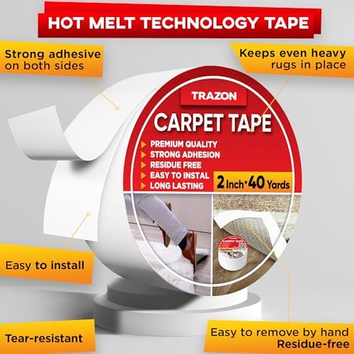 Trazon Carpet Tape Double Sided - 2 in / 120 Ft (40 Yards) Tape Grippers for Hardwood Floors and Area Rugs - Strong Adhesive and Removable, Heavy Duty Stickers, Residue Free - Image 2