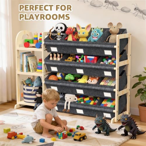 Toy Storage Organizer with 3 Shelves and 12 Bins, Bookshelf/Bookcase, Kids Bin Shelf, Toys Box for Playroom Organization for Bedroom & Room, 47.4" W - Image 7