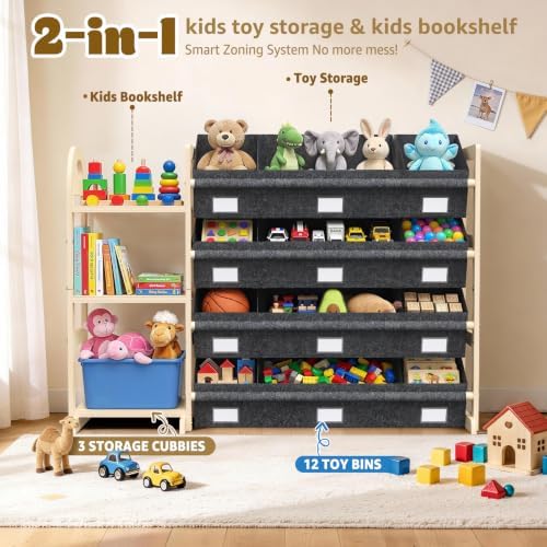 Toy Storage Organizer with 3 Shelves and 12 Bins, Bookshelf/Bookcase, Kids Bin Shelf, Toys Box for Playroom Organization for Bedroom & Room, 47.4" W - Image 2