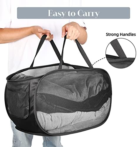 Durable Collapsible Laundry Baskets, Mesh Pop Up Laundry Hamper with Side Pocket, Foldable Clothes Storage Hamper with Reinforced Carry Handles for Laundry, Bathroom, Kids Room, Dorm or Travel Black - Image 5