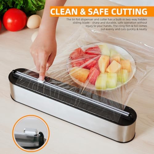 Aluminum Foil & Plastic Wrap Dispenser with Cutter - Magnetic & No-Drill Wall Mount, Stainless Steel Design, Space-Saving Kitchen organizer for Countertops & Cabinets - Fits 12" Rolls, Silver - Image 2