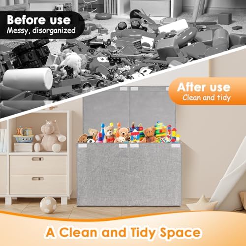 Large Toy Storage Box with Lid Upgraded Toy Chest Organizer with Removable PP Divider Foldable Toy Bin for Kids Boys Girls Linen Fabric Toy Box for Playroom Nursery Bedroom (25"x13"x16") - Image 3