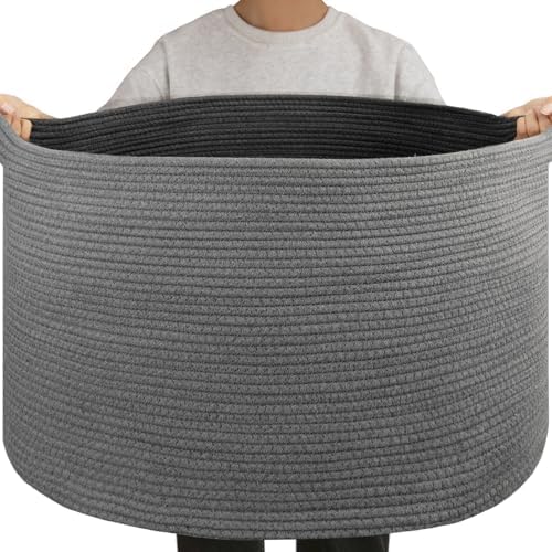 OIAHOMY 105L Extra Large Blanket Basket - Decorative Cotton Rope Storage Basket for Bedroom, Living Room & Nursery - Woven Laundry Hamper for Organizing Blankets, Clothes & Toys - Grey by MasterofSpaceOptimization