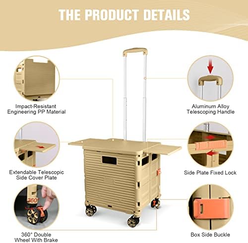 FELICON SELORSS Folding Utility Cart Portable Rolling Crate Handcart-Khaki - Image 3