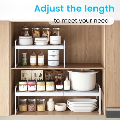 Cawukege Expandable Cabinet Organizer Shelf, Metal Countertop Storage Shelves, Heavy Duty Adjustable Spice Rack Stackable for Kitchen Pantry Storage Rack (White, 14.2-24.8" L x 10.63" W x 8.66" H) - Image 7