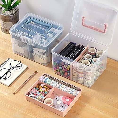 Clear Small Plastic Storage Box with Handle & A Removable Tray & Adjustable Divider, Kids Students Children Art Box, Desk Organiser Case, Medicine Storage Box (Clear & Ocean Blue) - Image 2