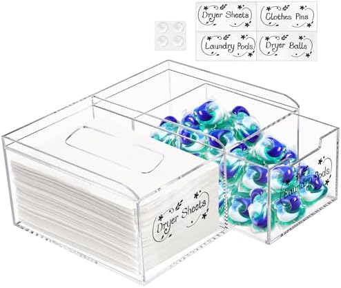TOPZEA Dryer Sheet Holder, Clear Acrylic Laundry Organizer, 2 in 1 Dryer Sheet & Pods Container Dispenser with Label & Drawer, Storage Box for Laundry Room Organization, Dishwasher Pod, Clothespins by TOPZEA