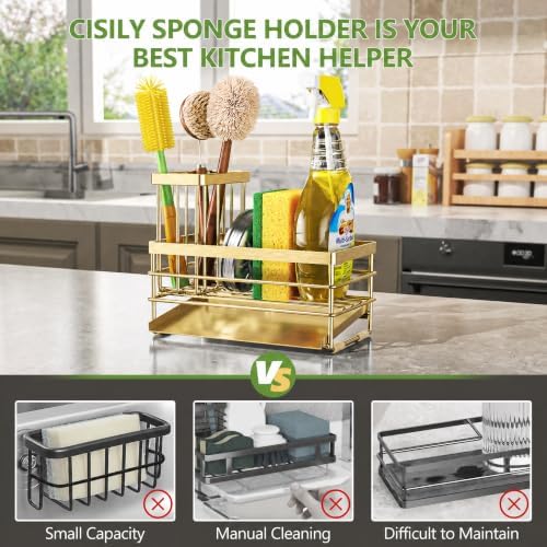 Cisily Gold Sink Caddy Sponge Holder for Kitchen with Brush Holder and Stainless Steel Self Drain Tray, Rustproof Kitchen Sink Organizer for Sponge, Soap Dispenser Storage Accessories - Image 4