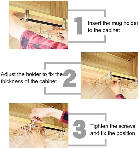 Mug Holder Under Cabinet for 1.18"- 1.96" Thickness Cabinet Base, 9 Hooks Cup Organizer Hanging Coffee Mug Rack Tea Cup and Utensil Hooks Drilling Free Mug Hanger Under Shelf - Image 6
