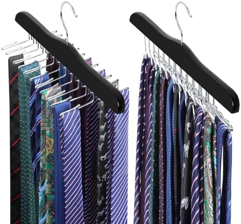 TOPIA HANGER Tie Rack Hanger for Closet 2 Packs, Wooden Tie Organizer for Men with 24 Folding Hooks, Space Saving Necktie Holder for Storage and Display Bra, Tank Top, Camisole (Black) - CT14B-2 by TOPIAHANGER
