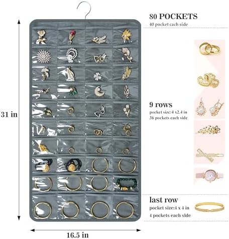 Hanging Jewelry Organizer for Closet Wall Door Double-Sided Jewelry Holder for Earrings, Necklaces, Rings 1 Pcs (Grey) - Image 2