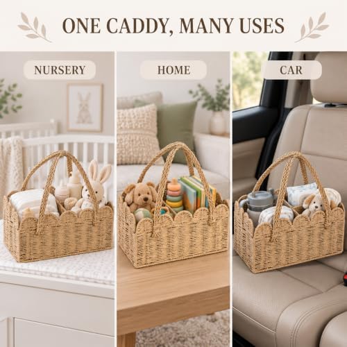 Large Baby Diaper Caddy, Brown Paper Rope Storage Basket with Handles, Portable Nursery Organizer with Removable Divider for Diapers, Wipes, Baby Essentials (Light Brown) - Image 4