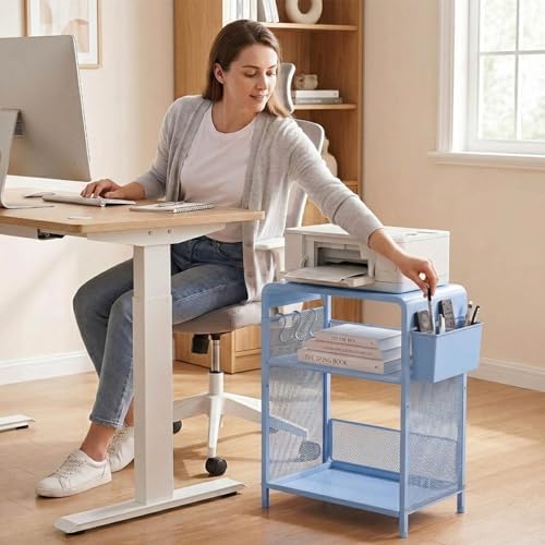 ECOLOVI Small 3 Tier Printer Stand for Under Desk, Height Adjustable Shelf Printer Table with 3 S-Hooks & Basket, Heavy Duty Industrial Storage Shelf for Home Office (Blue) - Image 5