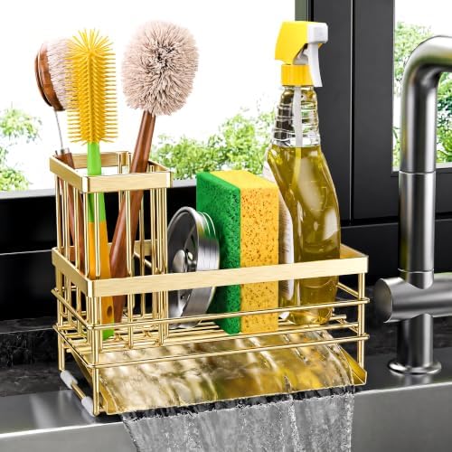 Cisily Gold Sink Caddy Sponge Holder for Kitchen with Brush Holder and Stainless Steel Self Drain Tray, Rustproof Kitchen Sink Organizer for Sponge, Soap Dispenser Storage Accessories by CISILYHOMELIFE