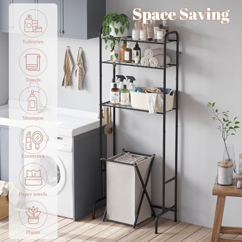 STDDRE 3-Tier Over The Toilet Storage Space Saver with Paper Holder Freestanding Rack Metal Bathroom Shelves with Hooks Above The Toilet Storage Shelf (Black, 3 Tier) - Image 6