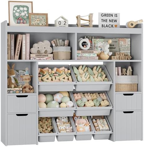 HORSTORS 55" W Toy Storage Organizer, Large Kids Bookshelf, Toy Box, Grey by HORSTORS