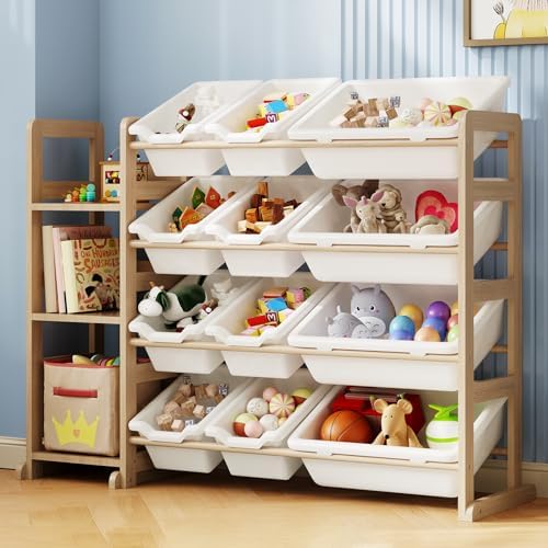 Toy Storage Organizer - Toy Organizers and Storage with Bookshelf, Toy Storage Shelf with 3 Shelves and 12 Storage Bins, Kids Bookshelf and Toy Storage for Kids Room, Playroom, Bedroom, Nursery, White by EXPERLAM