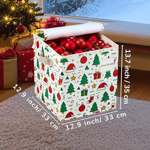 VENO 2 Pack Christmas Ornament Storage Box, Holiday Ornament Organizer with Adjustable Dividers, Sturdy Storage Containers for 64 Ornaments, Zippered Lid & Handles, 3" Cube (Jingle Mix) - Image 2