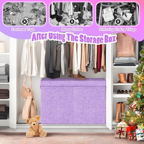 Large Toy Storage Box with Lid, Dividers, Collapsible Kids Toy Chest Purple - Image 4