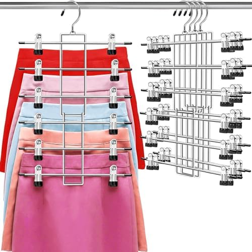 Pants Hangers with Clips,Space Saving Hanging Closet Organizer-6 Tiers Skirt Hangers with 360° Swivel Hook,Closet Organizer-Clothes Hangers- College Dorm Essentials Apartment Essentials- 4 Pack by Lumigens