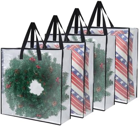 Heavy-Duty Clear Wreath Storage Bag & Sturdy Moving Box Alternative – 26 Inch Large Capacity Container with Zipper for Christmas Decorations, Seasonal Wreaths, Clothes, Bedding,Gift (4-Pack) by Unknown