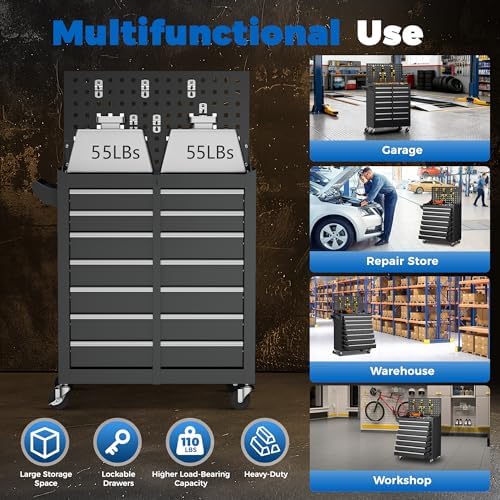 INTERGREAT 7 Drawers Rolling Tool Box with Pegboard,Portable Tool Chest with Wheels, Tool Box Organizer with Locking System for Garage(Black) - Image 4