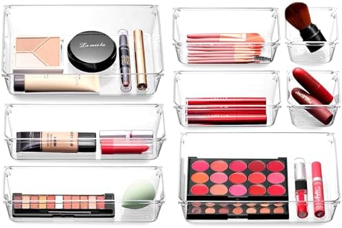 Masirs Clear Drawer Organizer - Easily Organize and Customize the Layout of Drawers. Great for Office Desk, Utensils, Cosmetics and Makeup. (8-Piece Set) by Masirs