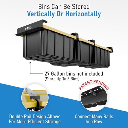 USA Based Overhead Garage Storage Rack, Connectable Heavy Duty Metal Ceiling Rails Garage Storage Organization Shelving System, Hanging Racks Tote Containers, Supports Up To 3 Bins, 2 Sets Black - Image 2