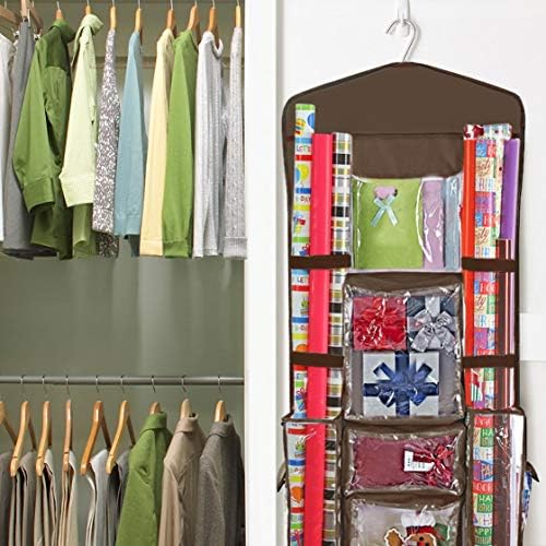 ProPik Hanging Double Sided Wrapping Paper Storage Organizer with Multiple Pockets, Organize your Gift Wrap, Gift Bags, Bows, Ribbons 40"X17" Fits 40 Inch Rolls Clear PVC Bag (Brown) - Image 7