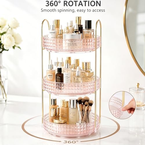 Fangoo 3 Tiers Pink Rotating Makeup Organizer for Vanity 360 Spinning Skincare Organizers for Dresser Perfume Organizer Large Skincare Make up Storage Cosmetic Organizer for Bathroom Countertop - Image 4