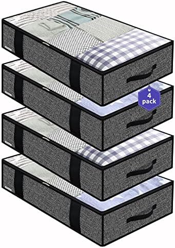 Onlyeasy 4 Pack Under Bed Clothes Storage Bags Organizer with Reinforced Handles and Zippers, Foldable Underbed Storage Container Bags for Blankets, Comforters, Bedding, Linen-like Black, MXAUBBP4 by Onlyeasy