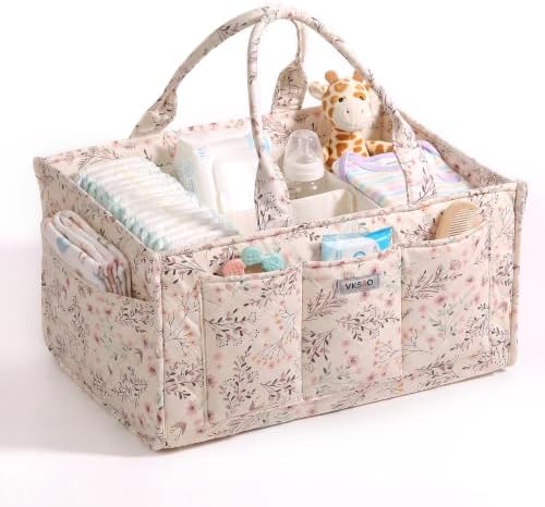 Large Floral Diaper Caddy Organizer Nursery Storage Basket, Gift for Baby Shower Diaper Bag Baby Registry Must Have Newborn Essentials, Beige Floral by VKSAO